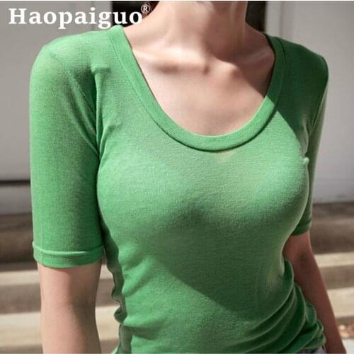 2019 Summer Korean Linen T-Shirt for Women Casua White Tops Tshirt Women Solid Ins Sexy Knitted T Shirt Print T-Shirt Female