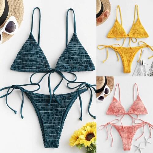 Women Two Piece Swimsuit Sexy Swimwear Halter String Ribbed Tie Back Bikini Sets Smocked Push Up Swimming Suit 2021