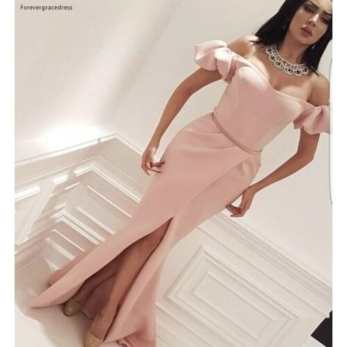 2019 Cheap Pink Long Evening Dress Arabic Dubai Mermaid Front Split Holiday Women Wear Formal Party Prom Gown Plus Size