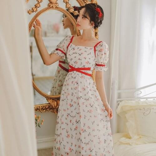 Women French Floral Sweet Dress 2021 Summer High Waist Bowknot Lace Fashion Chic Bubble Square Neck Elegant Vintage Vestidos