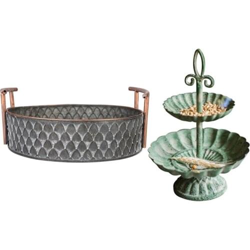1 Pcs Handcrafted Round Antique Decorative Trays with Handles & 1 Pcs 2-Tiered Vintage Metal Tray Jewelry Display Plate