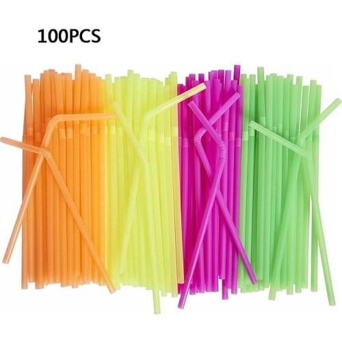 100Pcs Fluorescent Plastic Straws Bendable Disposable Straws Mixed-Color Canned Drinks Beverage Drinking Straws Party Supplies