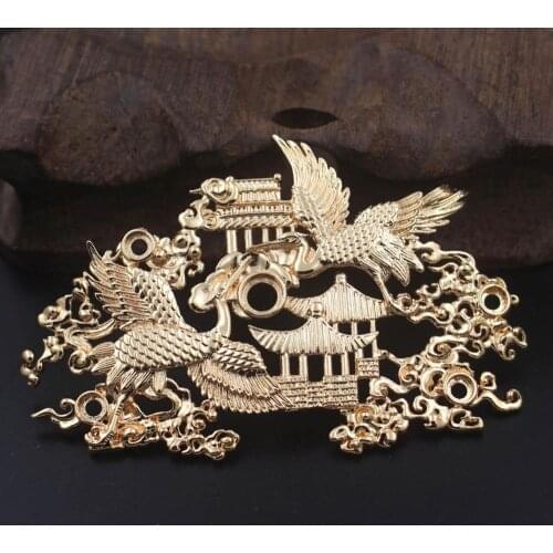 6pcs Brass Casted Retro Filigree Charms Oriental Crane Pavilion Clouds 4mm 6mm Open Back Stone Cameo Base DIY Hair Head Jewelry