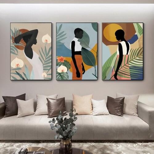 Abstract African Womens Flower and Leaf Wall Art Painting Northern Europe Poster and Printing Living Room Home Decoration Wall