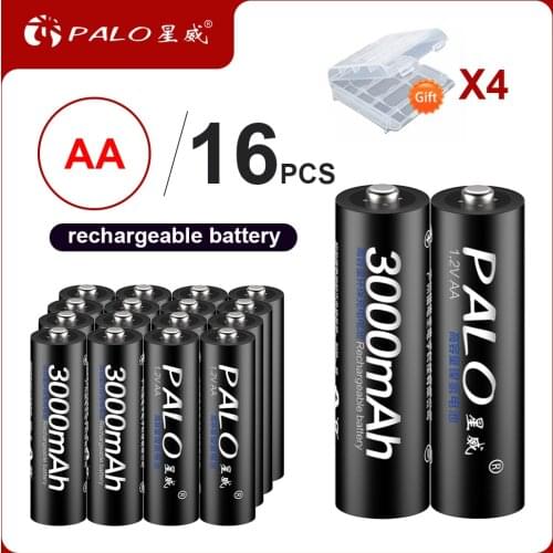 PALO 16Pcs 2A AA Rechargeable Battery Ni-MH Batteries AA 3000mAh 1.2V Battery for camera Flashlight Toy