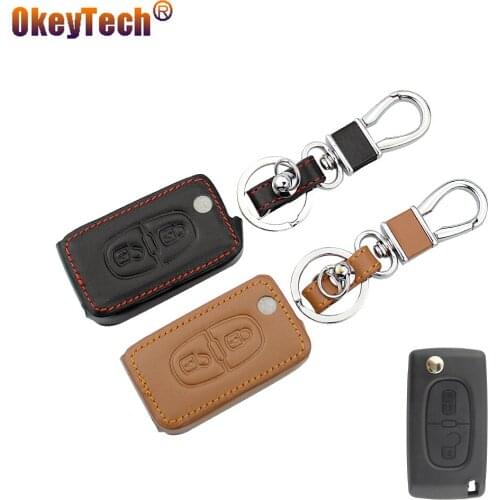 OkeyTech New Styling Leather Car key Case Cover for Peugeot 207 307 308 407 807 For CITROEN C2 C3 C4 C5 2 Buttons Key Cover FOB