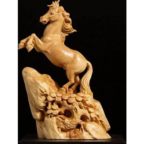 Boxwood 15cm Horse Sculpture Wood Animal Statue Chinese Zodiac Lucky Rich Home Decor