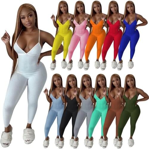 Adogirl Casual Strap Women Long Jumpsuits Summer Slim Sexy Backless Ribbed Knitted Jumpsuits One Piece Solid Outfit Rompers