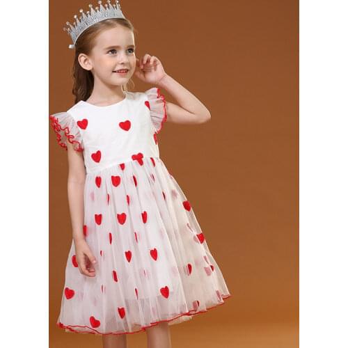 Summer Dress For Girls 3 To 12 Years Children Flying Sleeve Love Heart Embroidery Mesh Princess Birtyday Party Dresses 2021 New