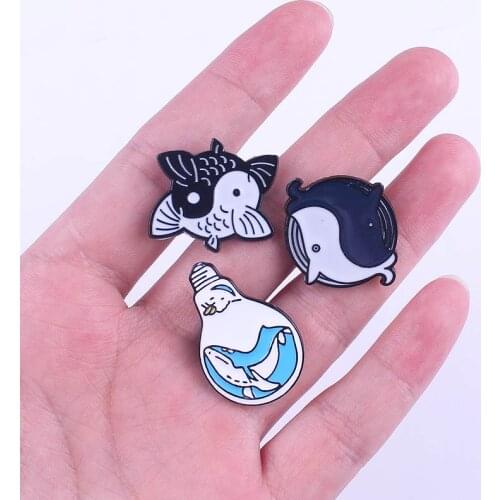 Cartoon Badge Black And White Fish Lapel Pins On Clothes Badges Icons Metal Badges For A Backpack Brooch Accessories DIY