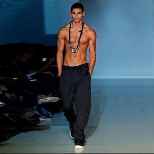 Mens Plus Size Harem Pants Feet Trousers Wide Legs Pants Breathable Singer Costumes New Summer Ice Silk Drape Pants Loose M-4xl