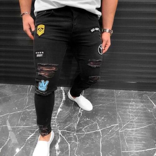 New Style 2019 Mens Embroidered hole Jeans Slim Hip-Hop Black Jeans