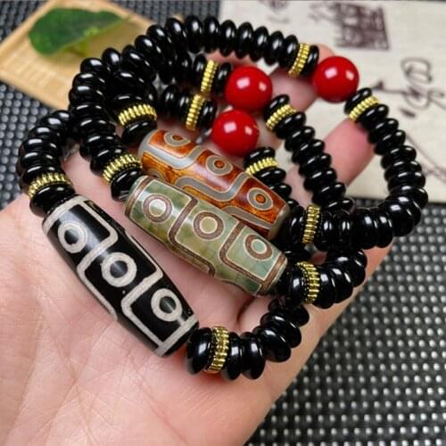 Natural Tibetan Dzi Agates Bracelets Black Obsidian Red Beads Nine Eye Dzi Agat Stone Bracelets for Women Men Healing Jewelry