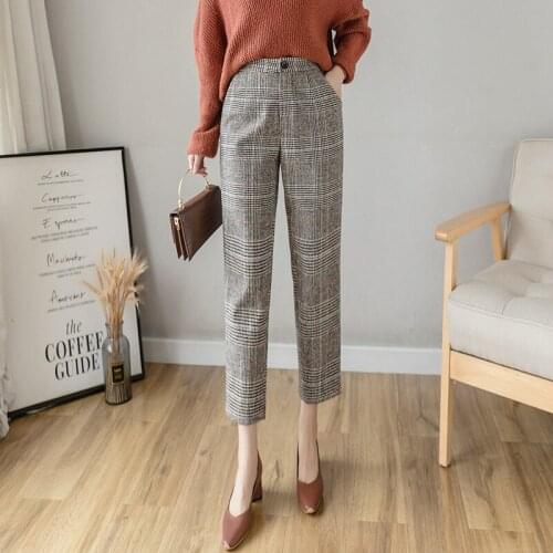 2021 New Autumn Winter Wool Harem Pants Women Retro Plaid Elastic High Waist Nine-Point Suit Pants D5284