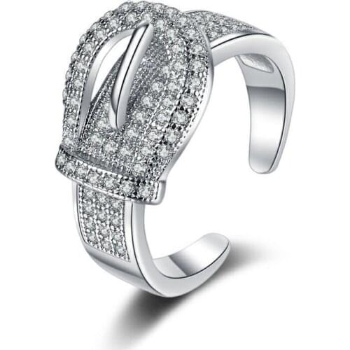 New Fashion Luxury Open Rings For Women Shiny Crystal Full Paved Creative Belt-Buckle Design Female Trendy Wedding Ring Jewelry