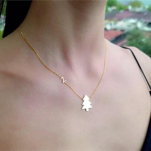 Personalized Letter Stainless Steel Jewelry Custom Name Necklace Gold Chain Cute Christmas Trees Necklaces Cadeau Femme