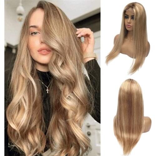 Highlight Lace Front Wigs Straight 13x1 Lace Front Human Hair Wig Ombre Blonde T Part Lace Wig Brazilian Remy Glueless Ponytail