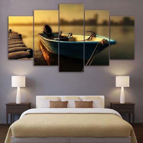 HD Printed Frame Posters Canvas Wall Art Modular Vintage Pier Pictures Home Decor 5 Pieces Floating Fishing Boat Painting