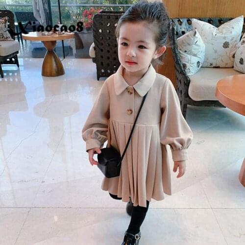 Girls Khaki Long Sleeve Dress Solid Turn-down -Collar Dresses for Girls Toddler Baby Fall Clothes Children Princess Dress6 8 10