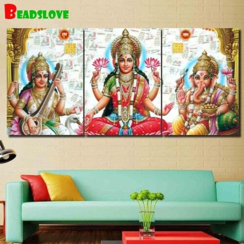 Full Square round drills 5d 3 panel Diamond painting Saraswati Lord Ganesha God diamond mosaic Embroidery rhinestone gift