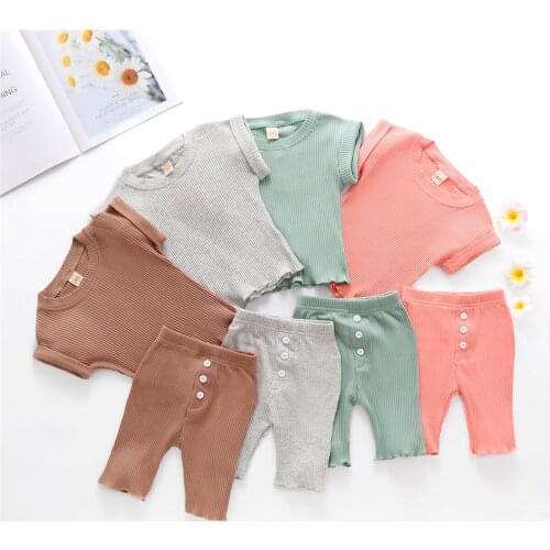 2021 0-4Y Toddler Baby Girl Casual Clothes Summer Knitted 2pcs Solid Color Short Sleeve Top+Button Shorts Trousers Summer Outfit