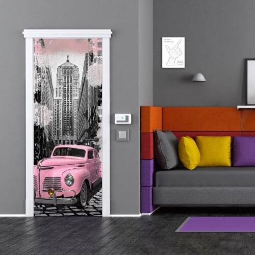 Pink Car 3D Sticker For House Door Decoration Living Room Corridor Wall Decor Vinyl Adhesive Mural Vintage Furniture Renovation