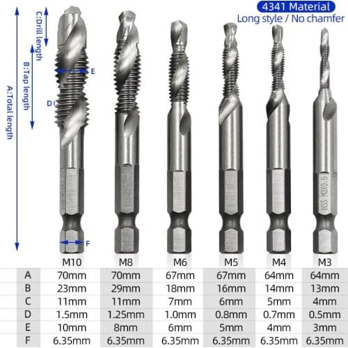 6Pcs/Set Golden and Silver Titanium Combination Drill Tap Bit, 1/4" HSS Spiral Hex Shank Screw Metric Thread M3-M10 Tapping Tool