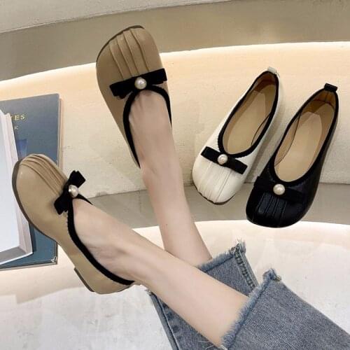 Spring Autumn Women Flats Square Toe Boat Shoes Pearls Slip on Flat Shoes Female Loafer Bow Fashion Ladies Shoe White 9326L