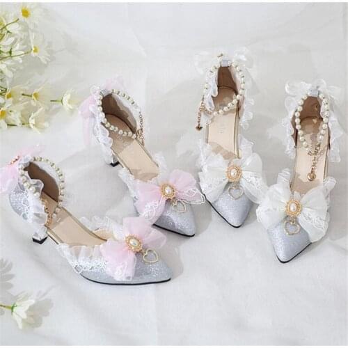 7cm Heel Elegant Lolita Bowknot Lace Wedding Shoes Women Sliver Gray High Heel Shoes B1911