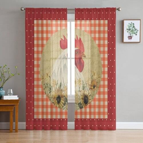 Rooster Sunflower Flower Retro Polka Dot Tulle Curtains for Living Room Decoration Modern Chiffon Sheer Voile Kitchen Curtain