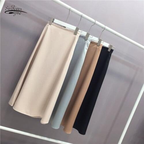 Fashion Party Office Skirts Women Elegant OL Skirt Ladies Satin Skirt Plain Shiny Solid High Waist Vintage Summer Skirts 9645