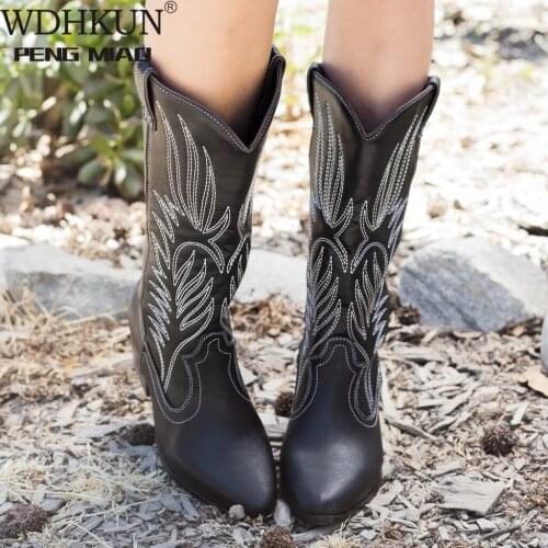 2021 Women Mid Calf Western Boots Cowboy Pointed Toe Knee High Pull on Boots Ladies Fashion Leather Motorcycle Boots Botas Mujer