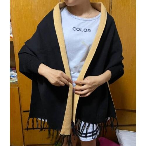 2021 Winter Knitted Outstreet Wear Black With Khaki Cardigan Poncho Women Solid Cloak Autumn Female Long Sleeves Knitwear Coat