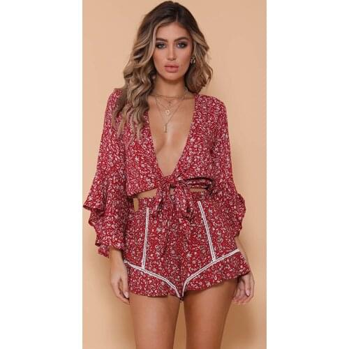 Women Suit Chiffon Female Long Flare Sleeve V-Neck Ladies Floral Print Bandage Short Blouse Top +Shorts 2Pcs Outfits Set