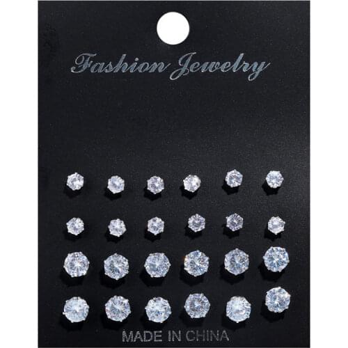 12 Pair/Pack CZ Shiny Wedding Stud Earrings Set for Women Men Crystal Jewelry Round Geometric Earring Brincos Christmas Gifts