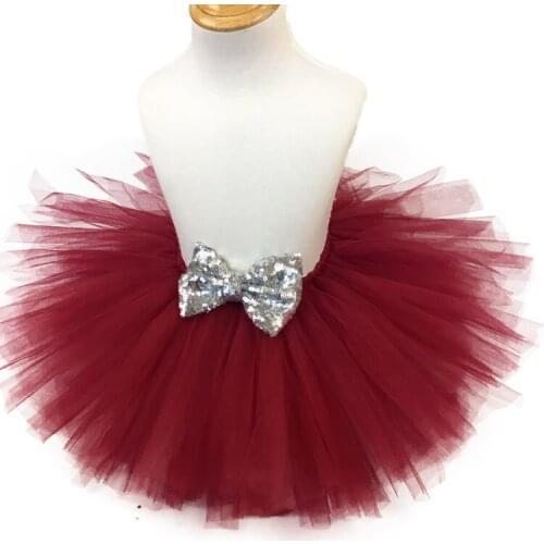 Girls Burgundy Tutu Skirts Kids Ballet Dance Tulle Pettiskirts Underskirt with Silver Sequin Bow Children Party Costume Skirts