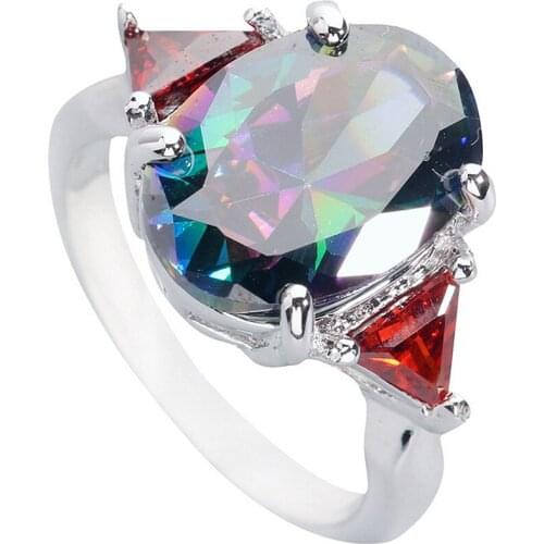 Valuable Multi-Color Rainbow Stone 10*14mm Semi-precious Stone Silver Cool For Women Ring Q1646
