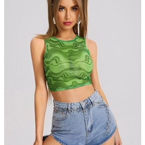 Women Crew Neck Tank Tops Sleeveless Abstract Striped Print Tie Back Mesh Crop Tops