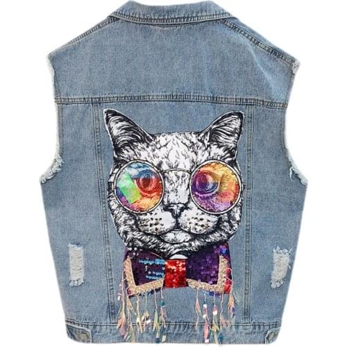 Denim Vest Women Womens Loose 2021 New Fashion Autumn Cartoon Cat Printed Hole Vest Jacket Chalecos Para Mujer Gilet