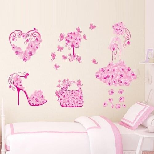 Elegant flower girl bag shoes butterflies pvc wall stickers for kids room home decor wall art diy removeable decals girls gift
