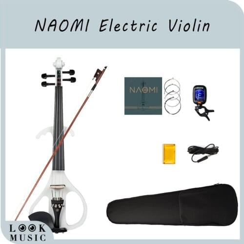 NAOMI Electric Violin Solid Wood White Electronic Violin Adult Ebony Fittings w Case Bow Rosin Headphone Cable Tuner Strings