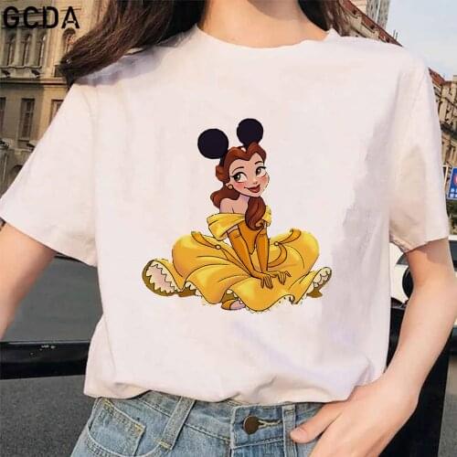 Disney Cartoon Belle Mickey Ear Hat Beauty and the Beast Tshirt Tops Summer Casual Women T-shirts Harajuku Short Sleeve Tshirt