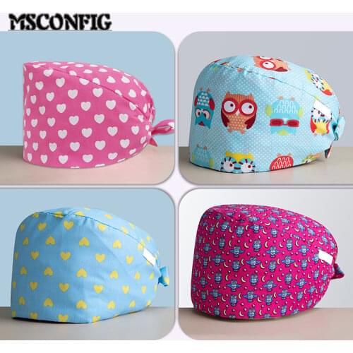 Fashion Cotton Cute Cartoon Print Nurse Cap Adjustable Scrub Hat Beauty Salon Nursing Cap Laboratory Pet Shop Fashion Scrub Cap