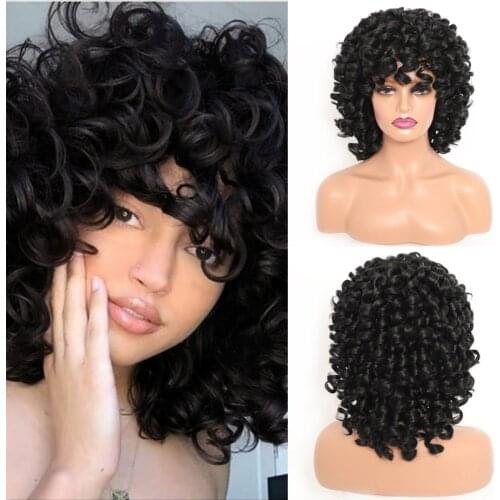 LVHAN Short Wig Afro Kinky Curly Wigs With Bangs Black and Brown Mixed Color Synthetic Hair For Africa America Women