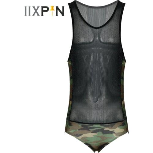 Mens Stretchy Camouflage Print Patchwork Bodycon Bodysuit Shiny See-through Sleeveless Leotard Catsuit Sexy Fit Lingerie Romper