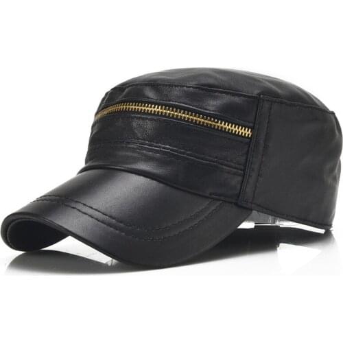 New Arrival Fashion Leather Cap Men Baseball Cap Zipper Decoration Adjustable Flat Hat Male Spring Winter Sheepskin Cap B-7127