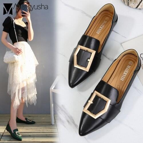 Metal buckle flats women pointed toe multicolor slip on loafers leather belt single moccasins schoenen dames plus size 44 45