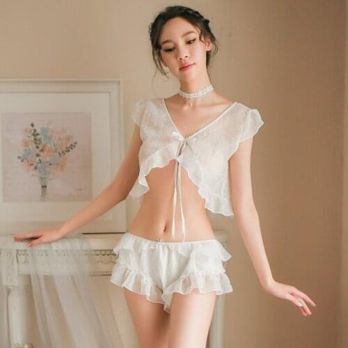 Two-piece Front and Back Two Wear Sexy Perspective Thin Polka Dot Lace Ruffled Girl Home Service Pajamas
