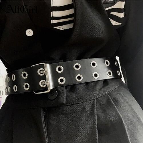 AltGirl Harajuku Gothic Grunge Belt Women Punk Mall Goth Double Hole Adjustable PU Leather Belt Vintage Emo Alt Y2k Black Belt
