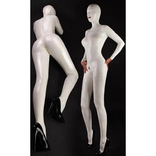 Sexy White Women Latex Costumes Catsuit Rubber Bodysuits With Back Zip Latex Sexy Hood Socks
